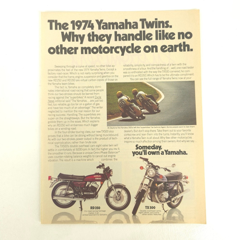 Yamaha RD350 TX500 Print Ad 1974 Twins Motorcycle Racing Vintage Wall Art Decor